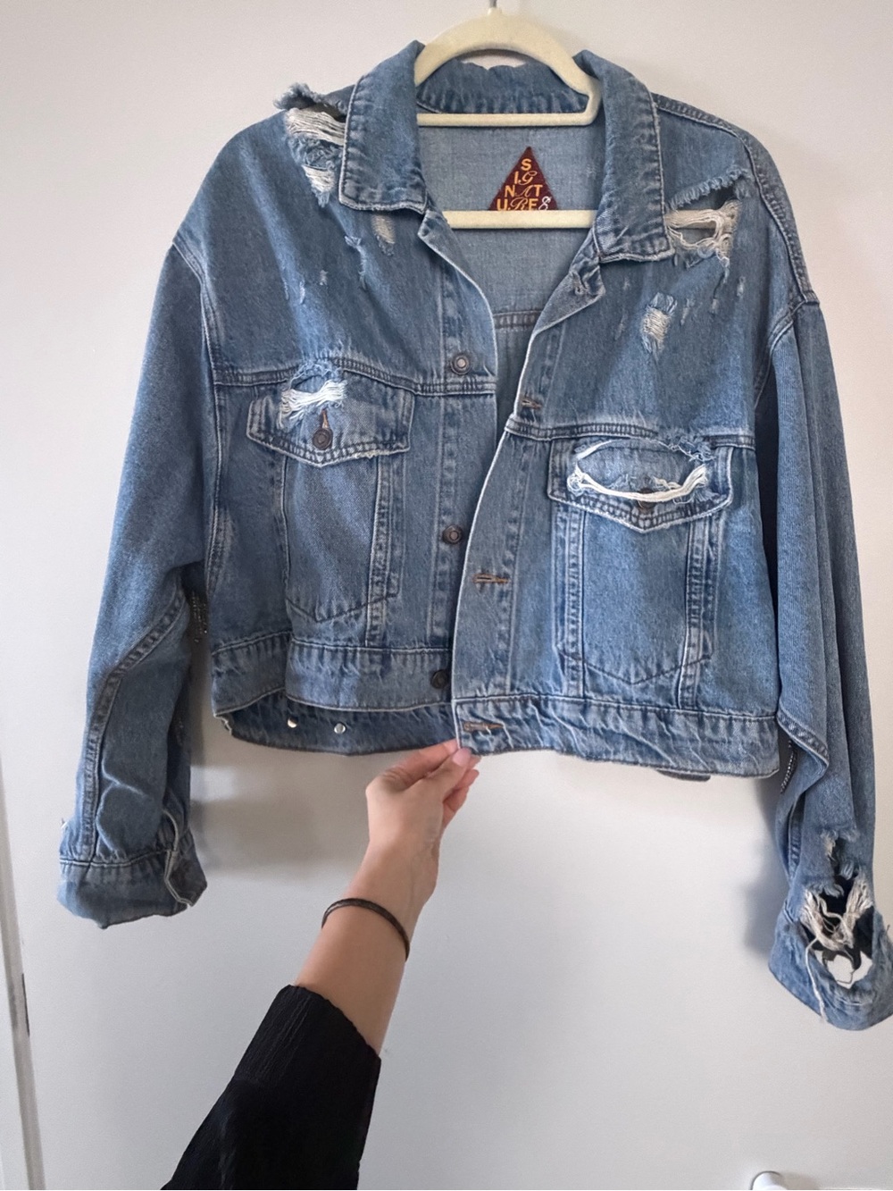 Distressed Light Blue Denim Jacket with Rhinestone Fringe - Picture 5 of 5